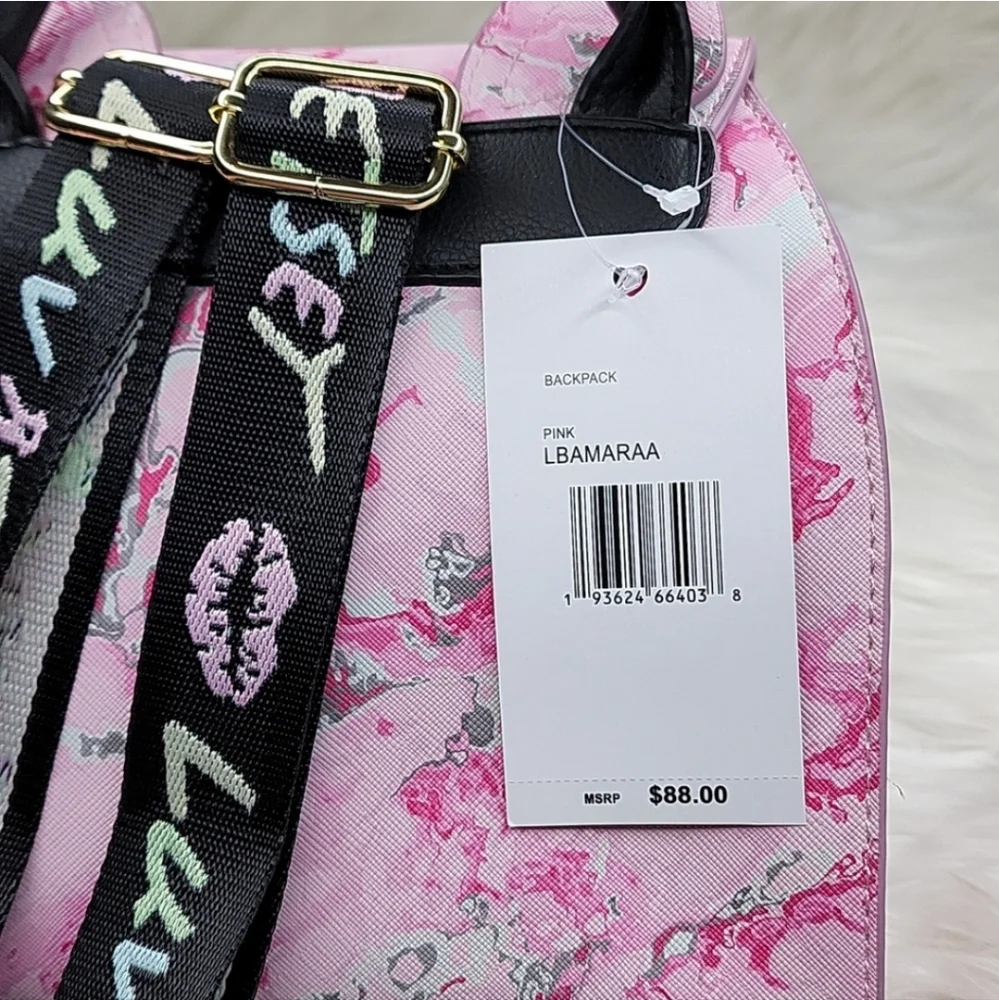 Betsey Johnson Pink Marbled Cat Design Backpack Purse